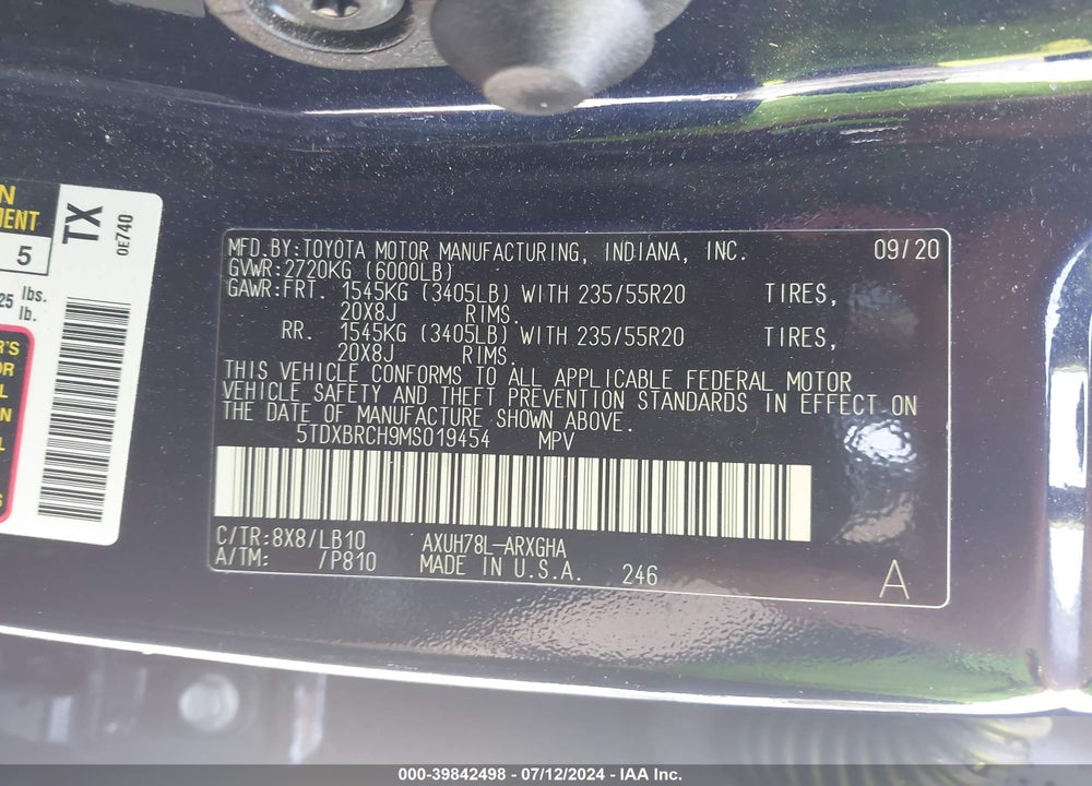2021 TOYOTA HIGHLANDER HYBRID LIMITED VIN: 5TDXBRCH9MS019454