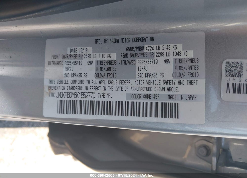 2019 MAZDA CX-5 GRAND TOURING VIN: JM3KFBDM6K1552770
