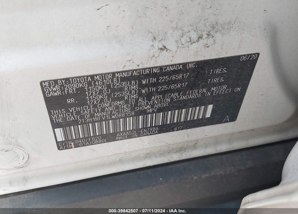 2020 TOYOTA RAV4 VIN: 2T3H1RFV1LW088158