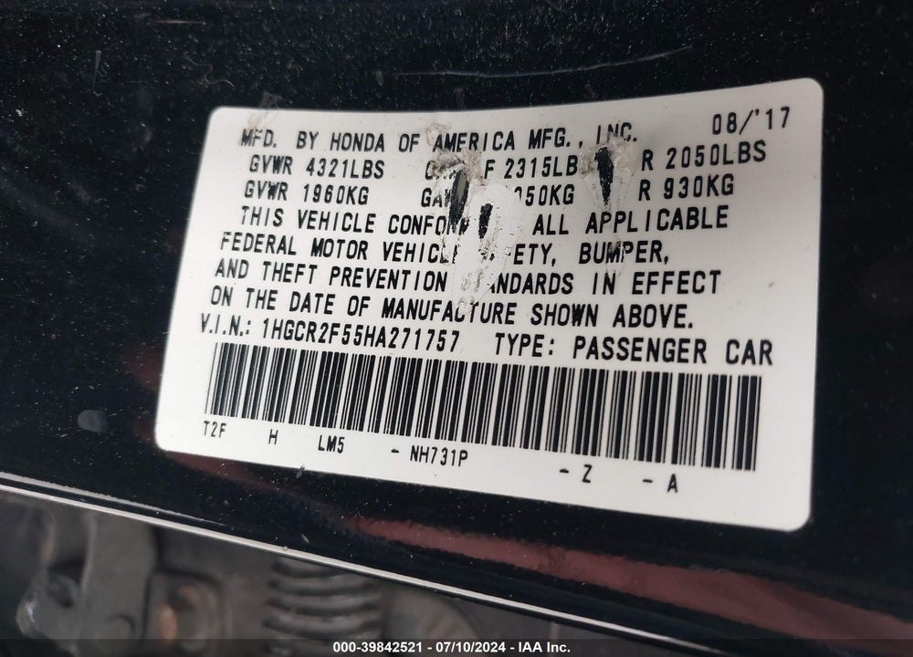 2017 HONDA ACCORD SPORT VIN: 1HGCR2F55HA271757