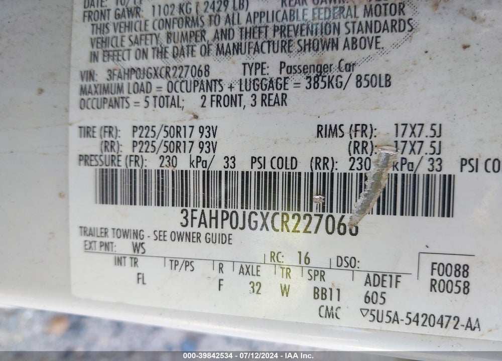 2012 FORD FUSION SEL VIN: 3FAHP0JGXCR227068