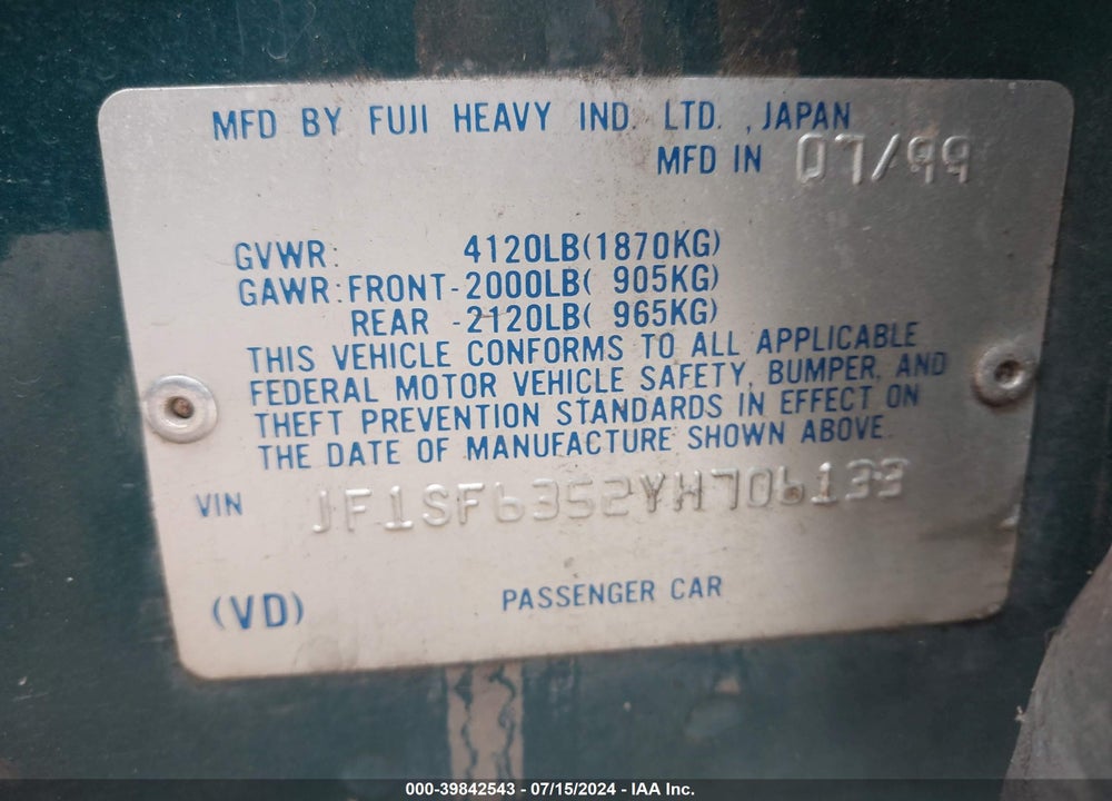 2000 SUBARU FORESTER L VIN: JF1SF6352YH706133