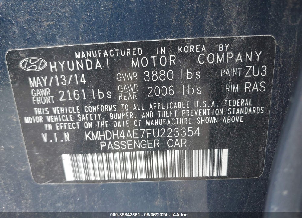 2015 HYUNDAI ELANTRA SE VIN: KMHDH4AE7FU223354