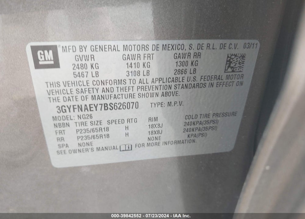 2011 CADILLAC SRX LUXURY COLLECTION VIN: 3GYFNAEY7BS626070