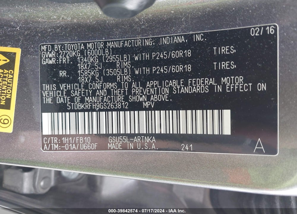 2016 TOYOTA HIGHLANDER LE V6 VIN: 5TDBKRFH9GS263812