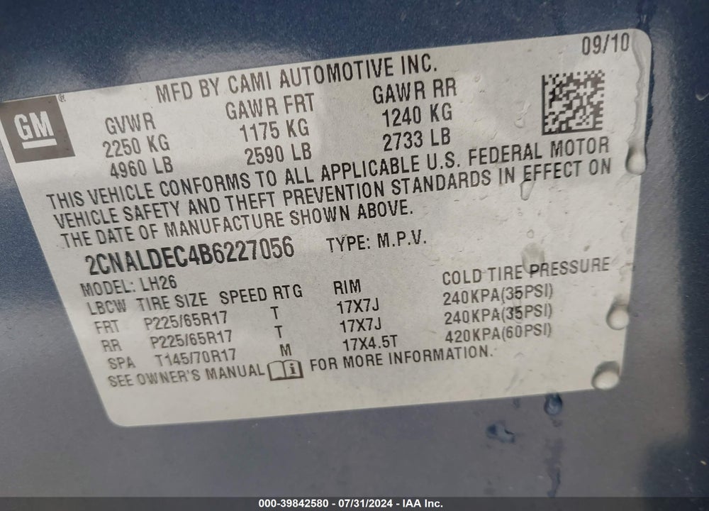 2011 CHEVROLET EQUINOX 1LT VIN: 2CNALDEC4B6227056