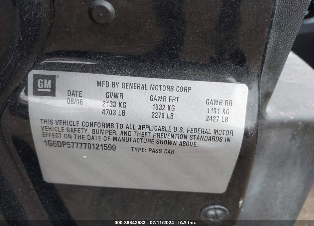 2007 CADILLAC CTS STANDARD VIN: 1G6DP577770121599