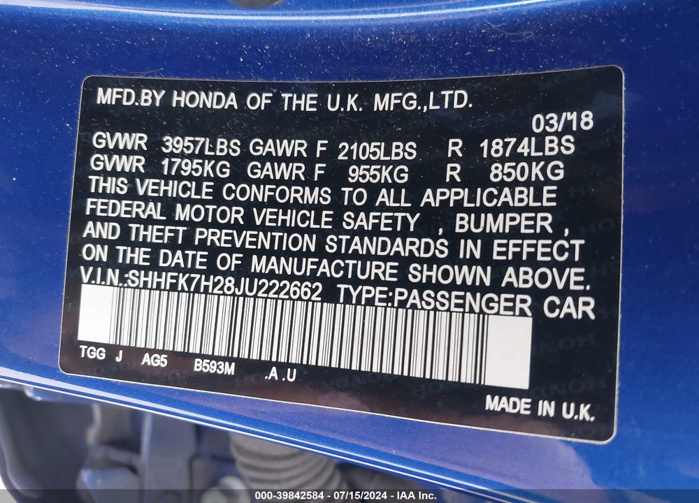 2018 HONDA CIVIC LX VIN: SHHFK7H28JU222662