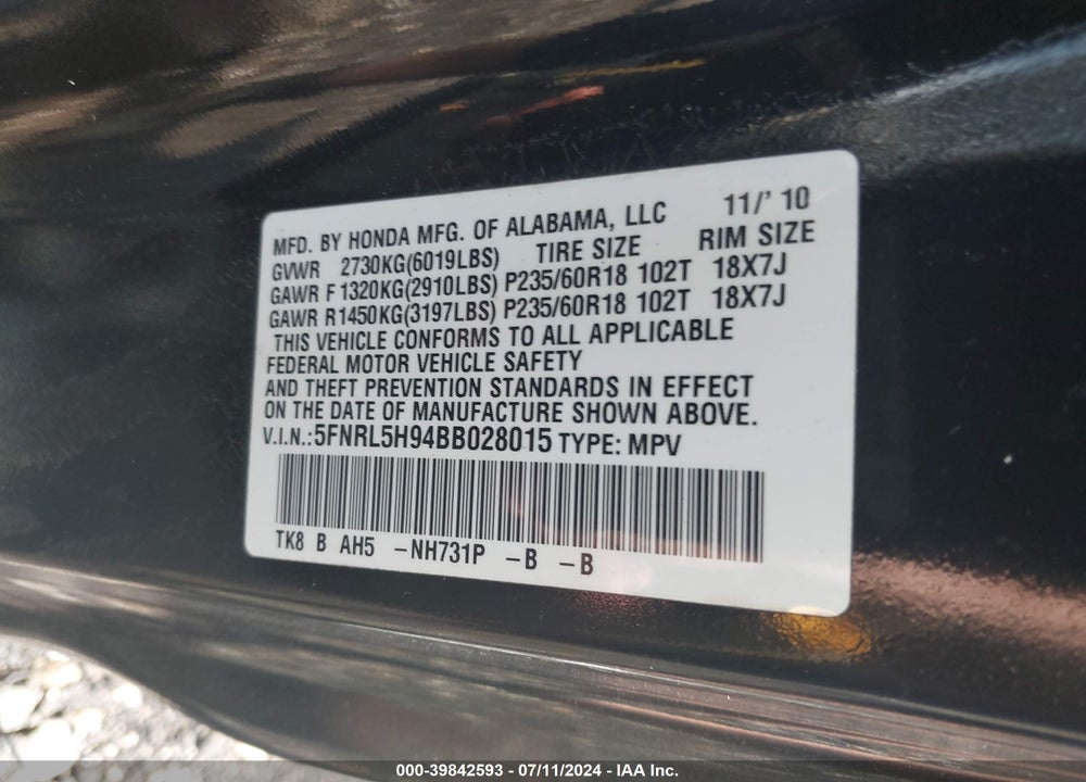 2011 HONDA ODYSSEY TOURING/TOURING ELITE VIN: 5FNRL5H94BB028015