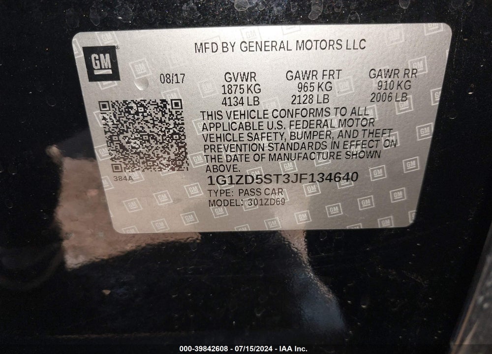 2018 CHEVROLET MALIBU LT VIN: 1G1ZD5ST3JF134640