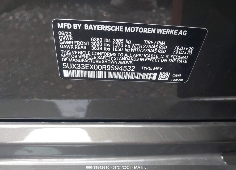 2024 BMW X6 XDRIVE40I VIN: 5UX33EX00R9S94532