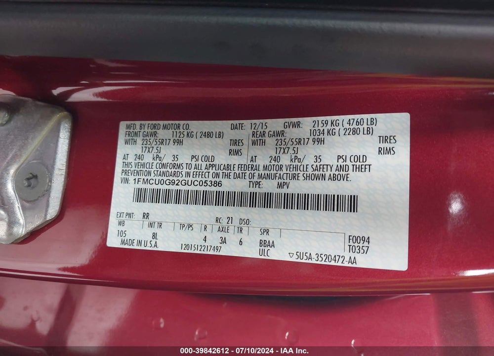 2016 FORD ESCAPE VIN: 1FMCU0G92GUC05386