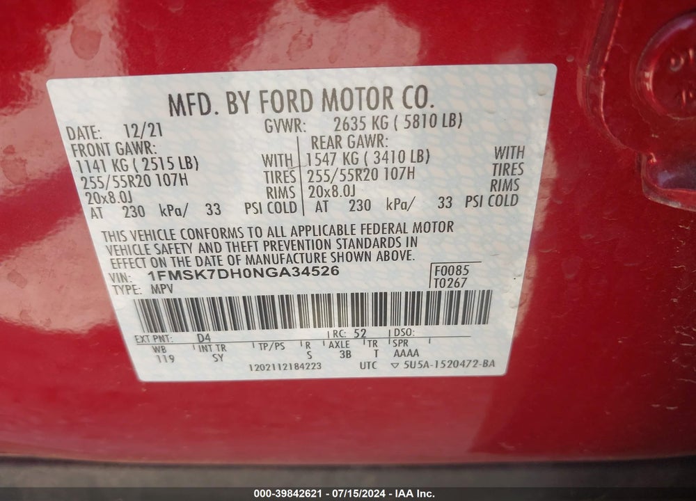2022 FORD EXPLORER XLT VIN: 1FMSK7DH0NGA34526