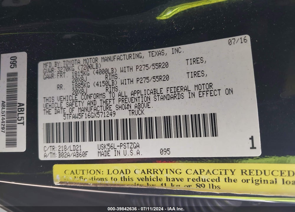 2016 TOYOTA TUNDRA 1794 5.7L V8 VIN: 5TFAW5F16GX571249