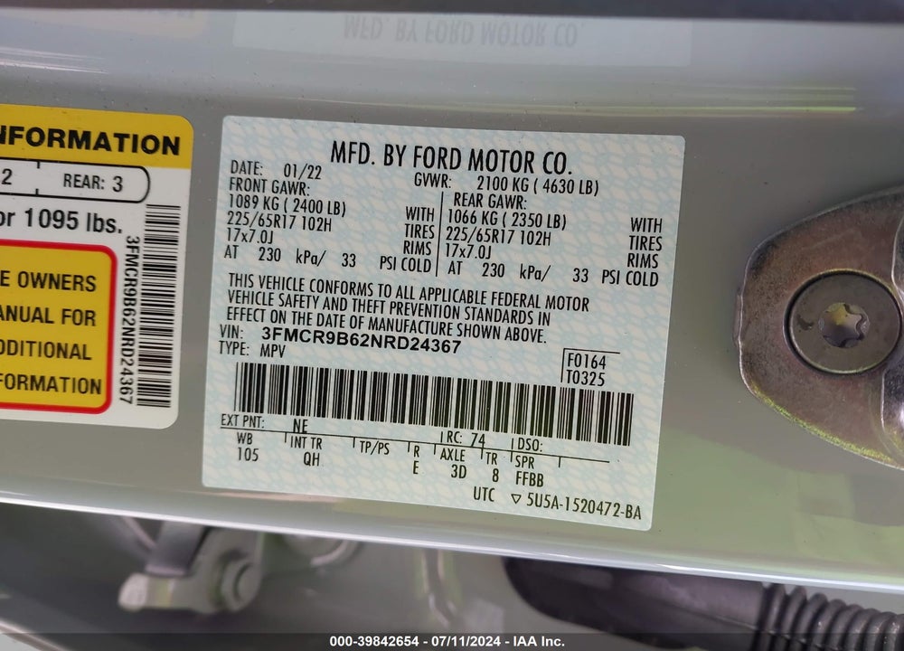 2022 FORD BRONCO SPORT BIG BEND VIN: 3FMCR9B62NRD24367