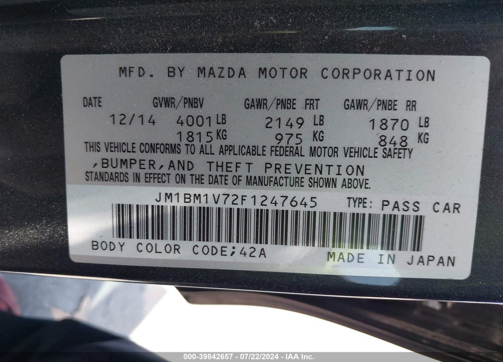 2015 MAZDA 3 I TOURING VIN: JM1BM1V72F1247645