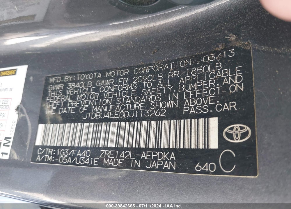2013 TOYOTA COROLLA VIN: JTDBU4EE0DJ113262