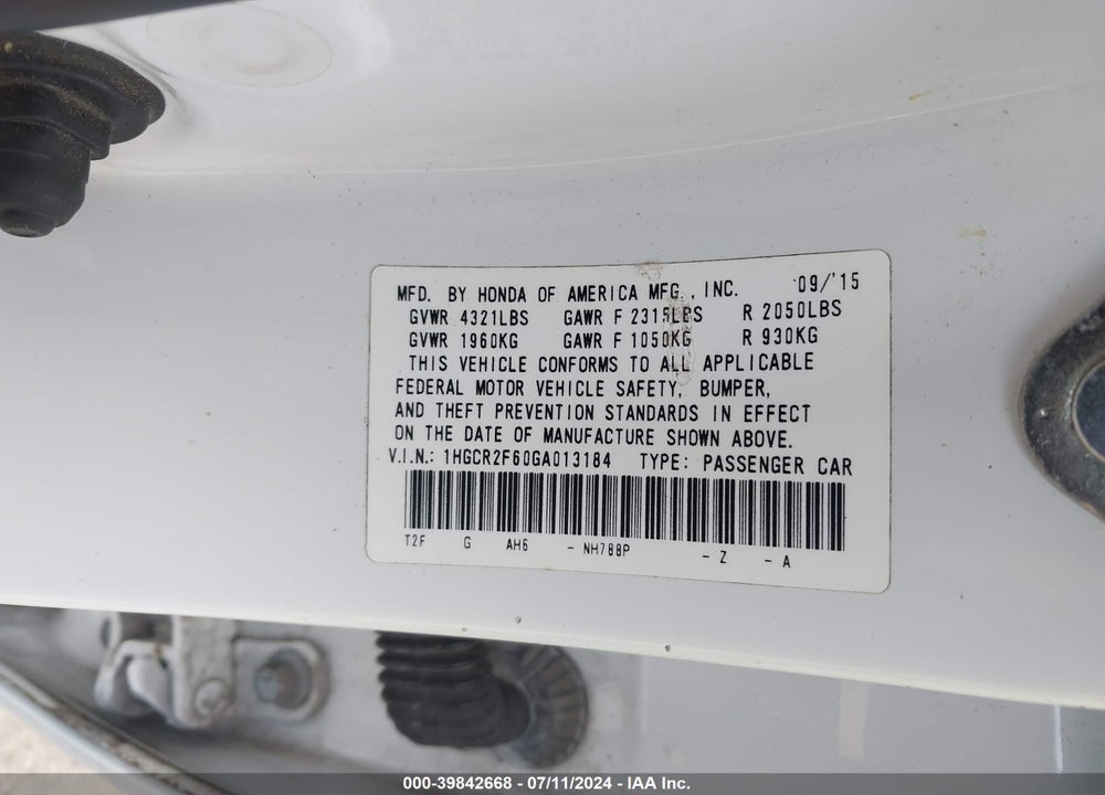 2016 HONDA ACCORD SPORT VIN: 1HGCR2F60GA013184