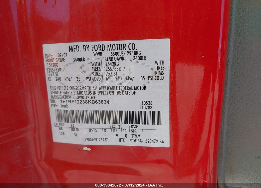 2008 FORD F-150 STX/XL/XLT VIN: 1FTRF12238KB63834