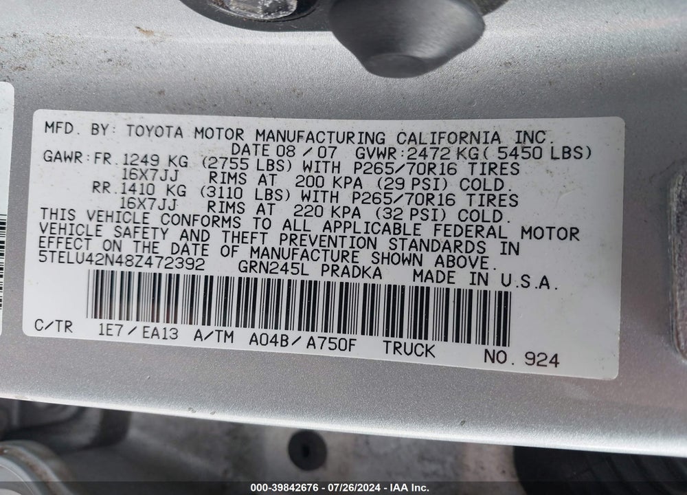 2008 TOYOTA TACOMA BASE V6 VIN: 5TELU42N48Z472392