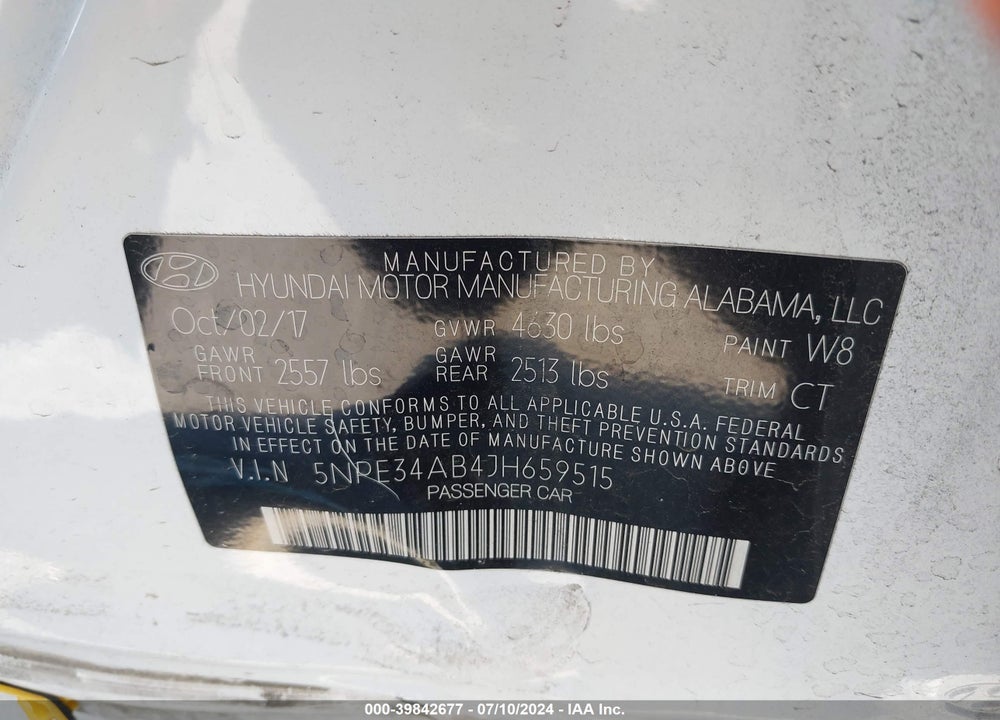 2018 HYUNDAI SONATA SPORT 2.0T VIN: 5NPE34AB4JH659515