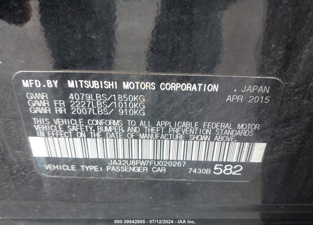 2015 MITSUBISHI LANCER GT VIN: JA32U8FW7FU020267