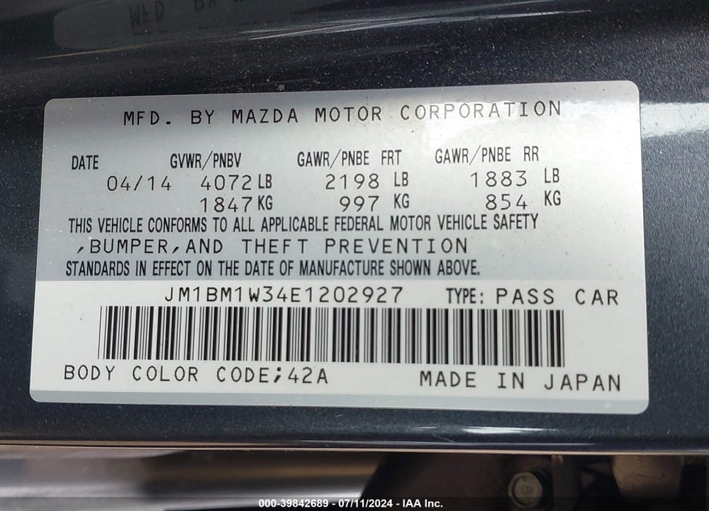 2014 MAZDA 3 S GRAND TOURING VIN: JM1BM1W34E1202927