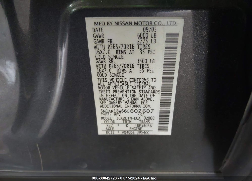 2006 NISSAN PATHFINDER SE VIN: 5N1AR18W66C602607