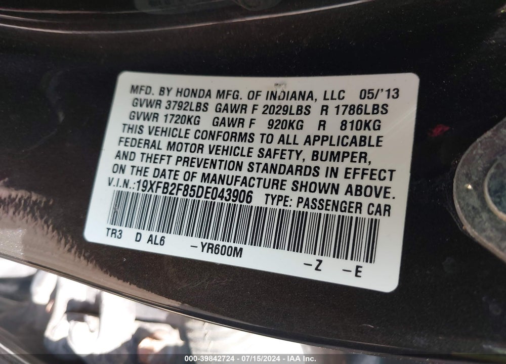 2013 HONDA CIVIC EX VIN: 19XFB2F85DE043906