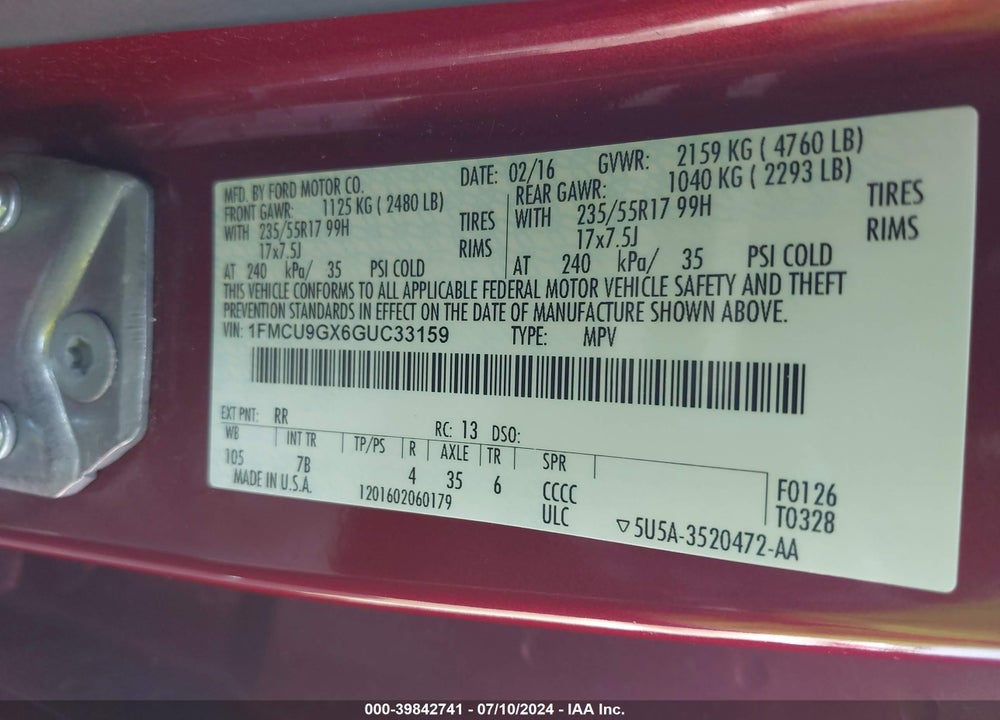 2016 FORD ESCAPE SE VIN: 1FMCU9GX6GUC33159