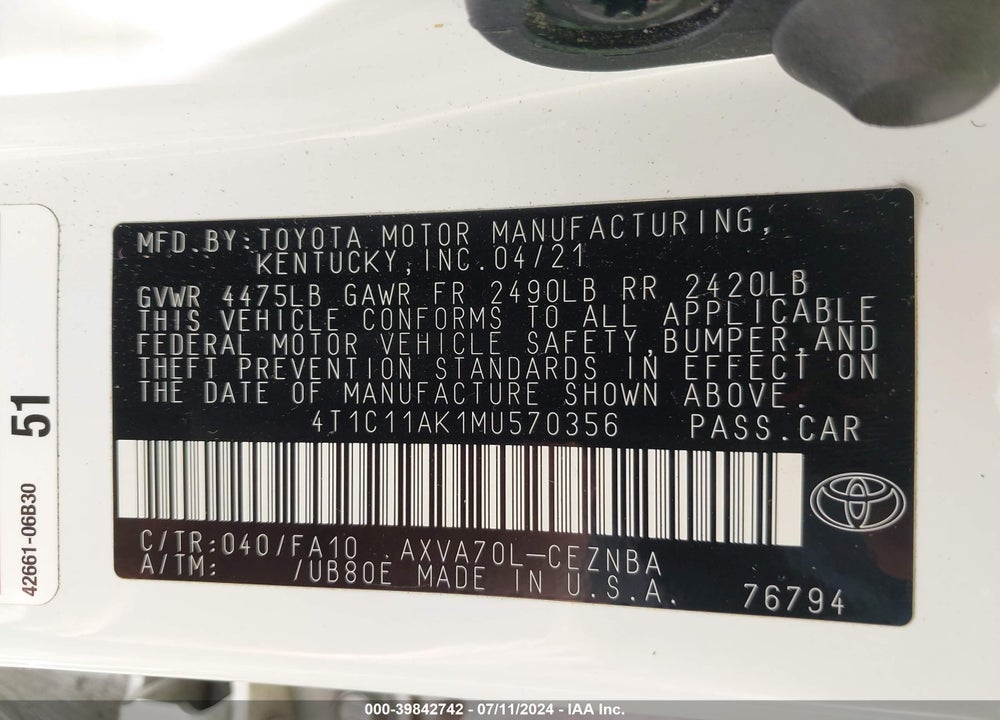 2021 TOYOTA CAMRY LE VIN: 4T1C11AK1MU570356