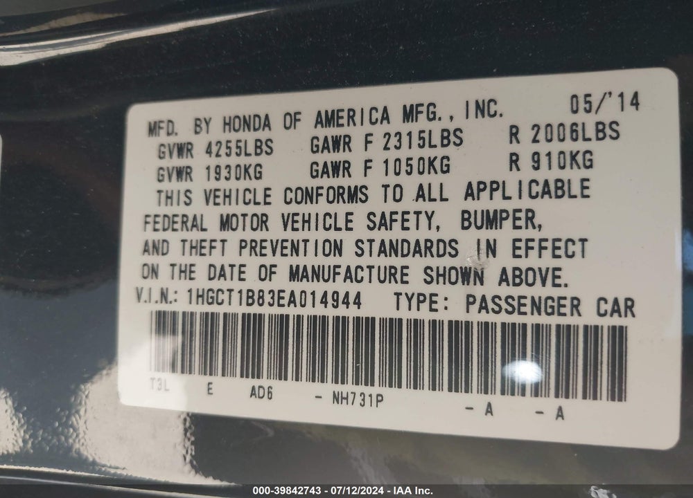 2014 HONDA ACCORD VIN: 1HGCT1B83EA014944