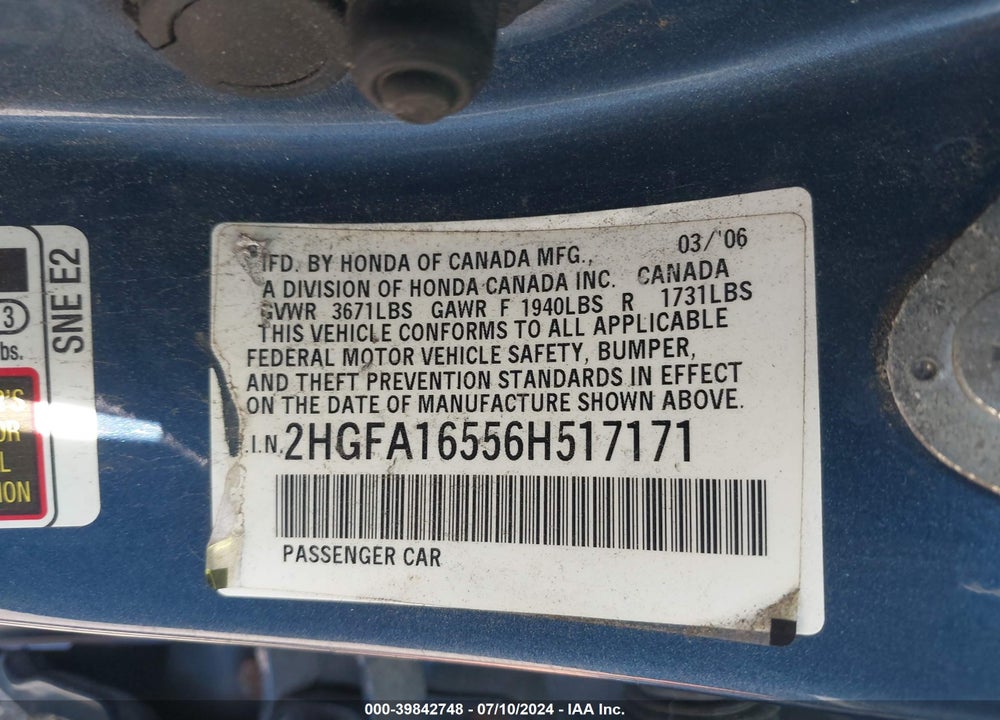 2006 HONDA CIVIC LX VIN: 2HGFA16556H517171