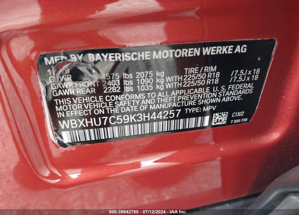2019 BMW X1 SDRIVE28I VIN: WBXHU7C59K3H44257