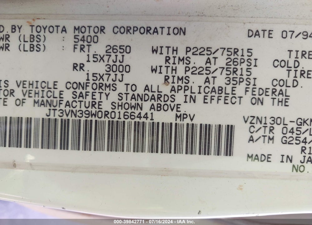 1994 TOYOTA 4RUNNER VN39 SR5 VIN: JT3VN39W0R0166441