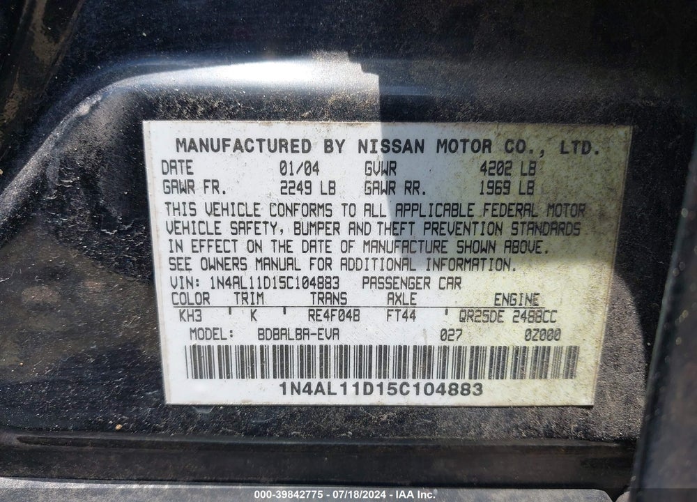 2005 NISSAN ALTIMA 2.5 S VIN: 1N4AL11D15C104883