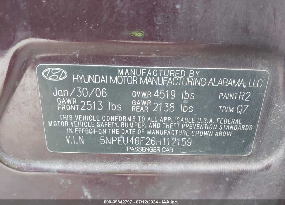 2006 HYUNDAI SONATA GLS V6/LX V6 VIN: 5NPEU46F26H112159