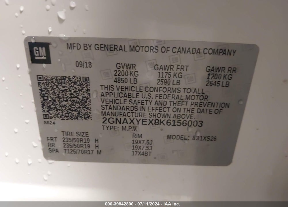2019 CHEVROLET EQUINOX PREMIER VIN: 2GNAXYEX8K6156003