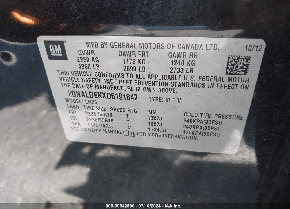 2013 CHEVROLET EQUINOX 1LT VIN: 2GNALDEKXD6191847