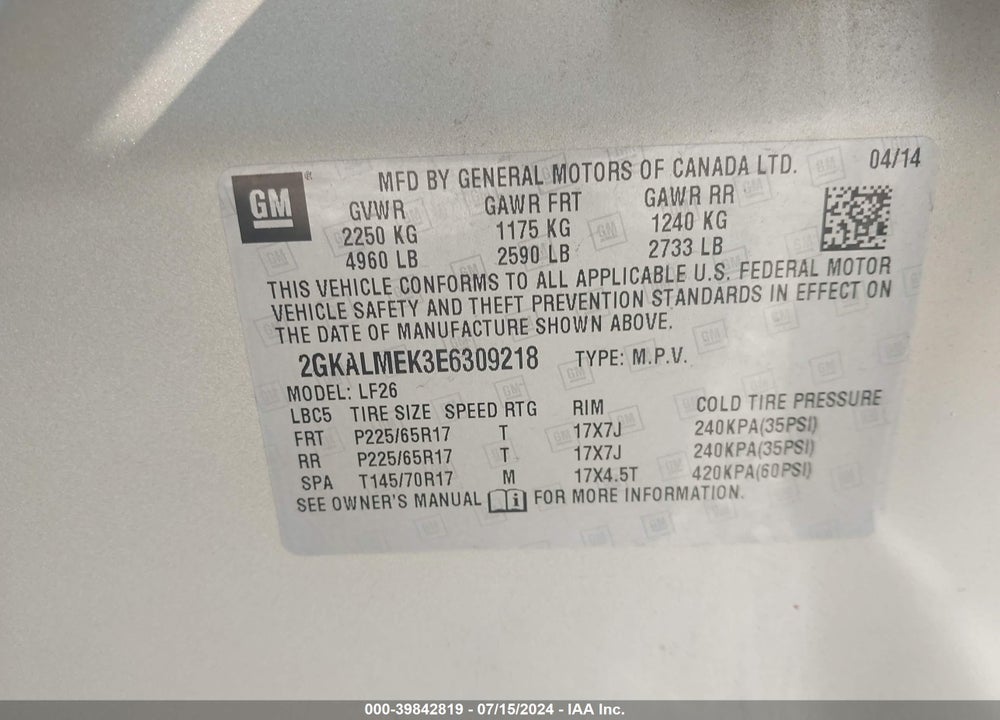 2014 GMC TERRAIN SLE-1 VIN: 2GKALMEK3E6309218