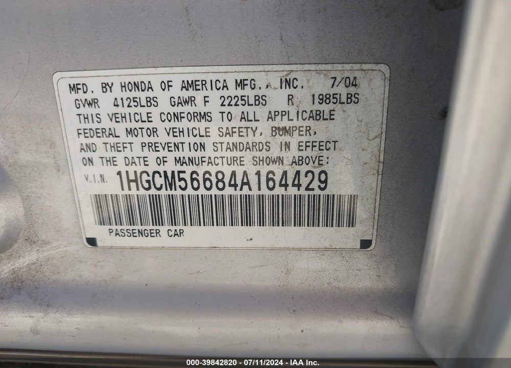 2004 HONDA ACCORD 2.4 EX VIN: 1HGCM56684A164429