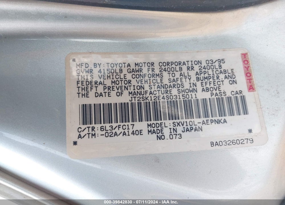 1995 TOYOTA CAMRY LE VIN: JT2SK12E4S0315011