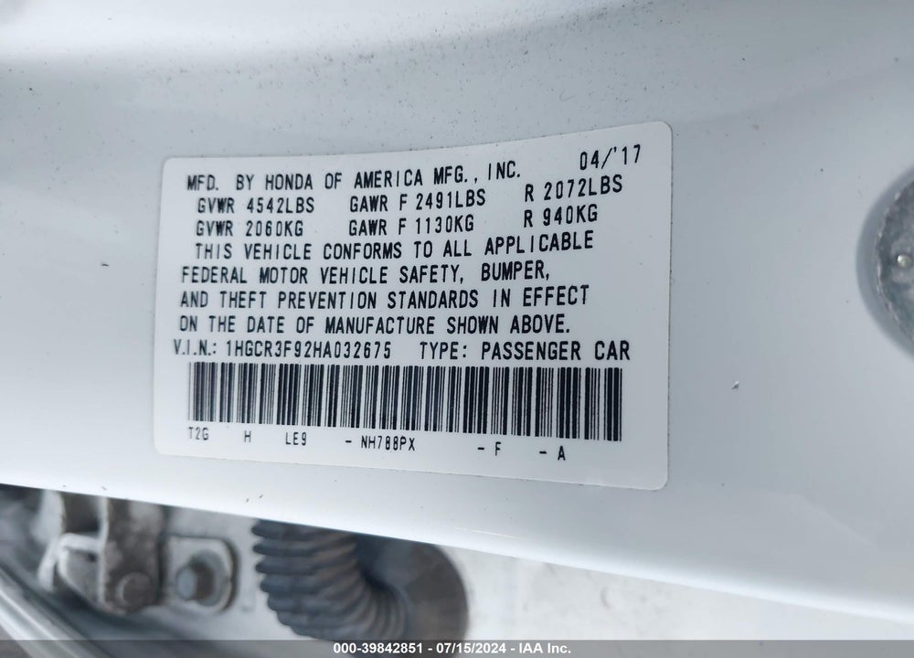 2017 HONDA ACCORD TOURING V6 VIN: 1HGCR3F92HA032675