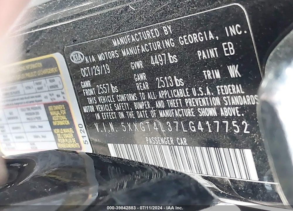 2020 KIA OPTIMA LX VIN: 5XXGT4L37LG417752