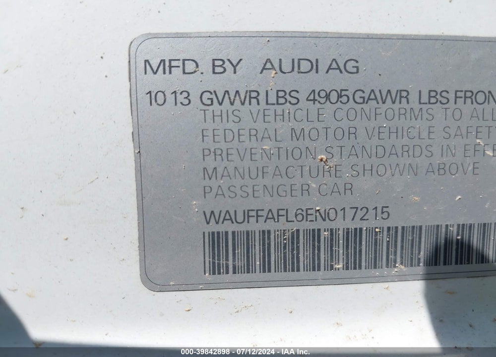 2014 AUDI A4 2.0T PREMIUM VIN: WAUFFAFL6EN017215