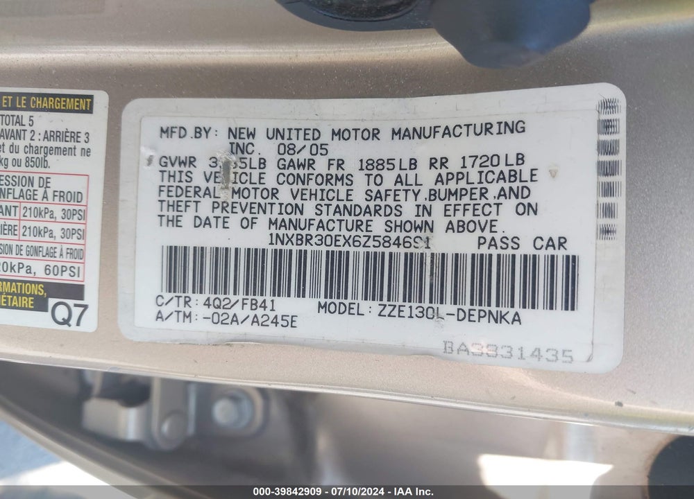 2006 TOYOTA COROLLA LE VIN: 1NXBR30EX6Z584691