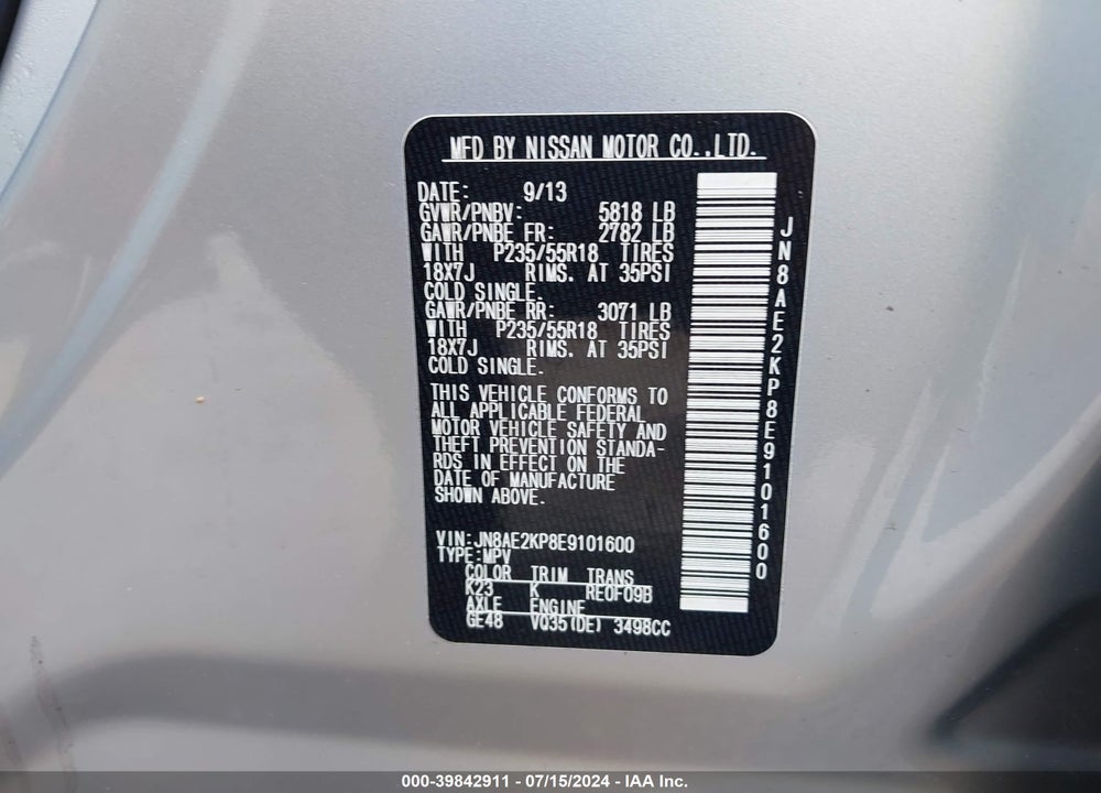 2014 NISSAN QUEST SL VIN: JN8AE2KP8E9101600