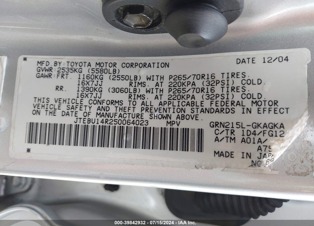 2005 TOYOTA 4RUNNER SR5 V6 VIN: JTEBU14R250064023