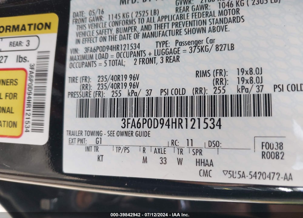 2017 FORD FUSION TITANIUM VIN: 3FA6P0D94HR121534