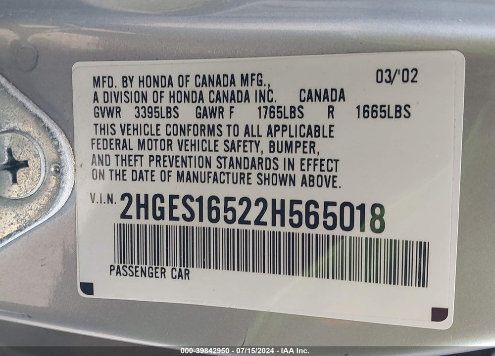 2002 HONDA CIVIC LX VIN: 2HGES16522H565018